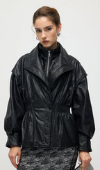 Waisted Lapel Leather Jacket In Black