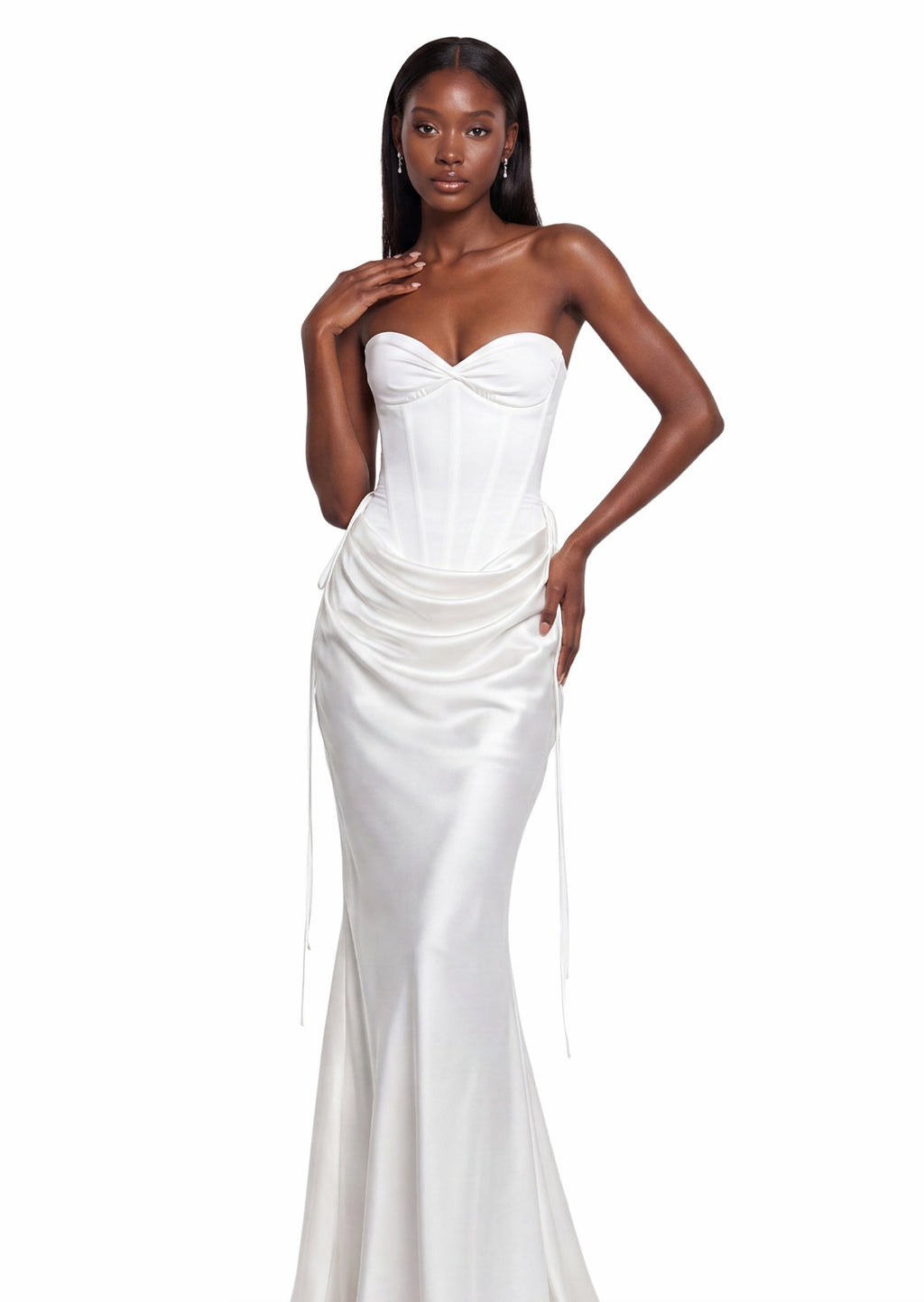 Strapless Corseted Satin Maxi Dress In White