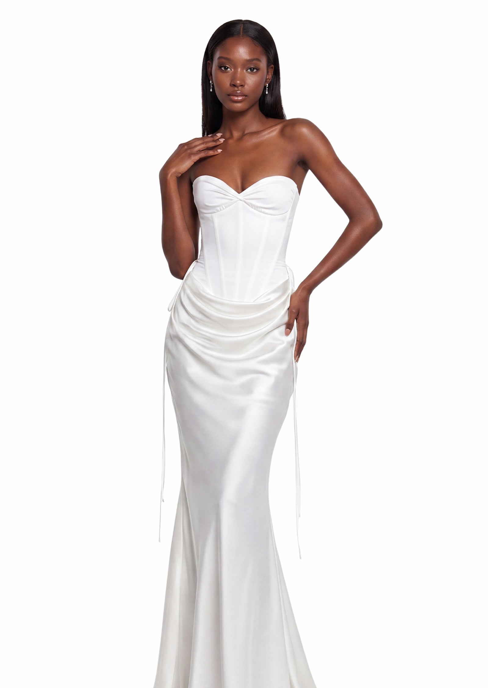 Strapless Corseted Satin Maxi Dress In White