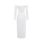 Solid Open Shoulders And Slit Midi Dress