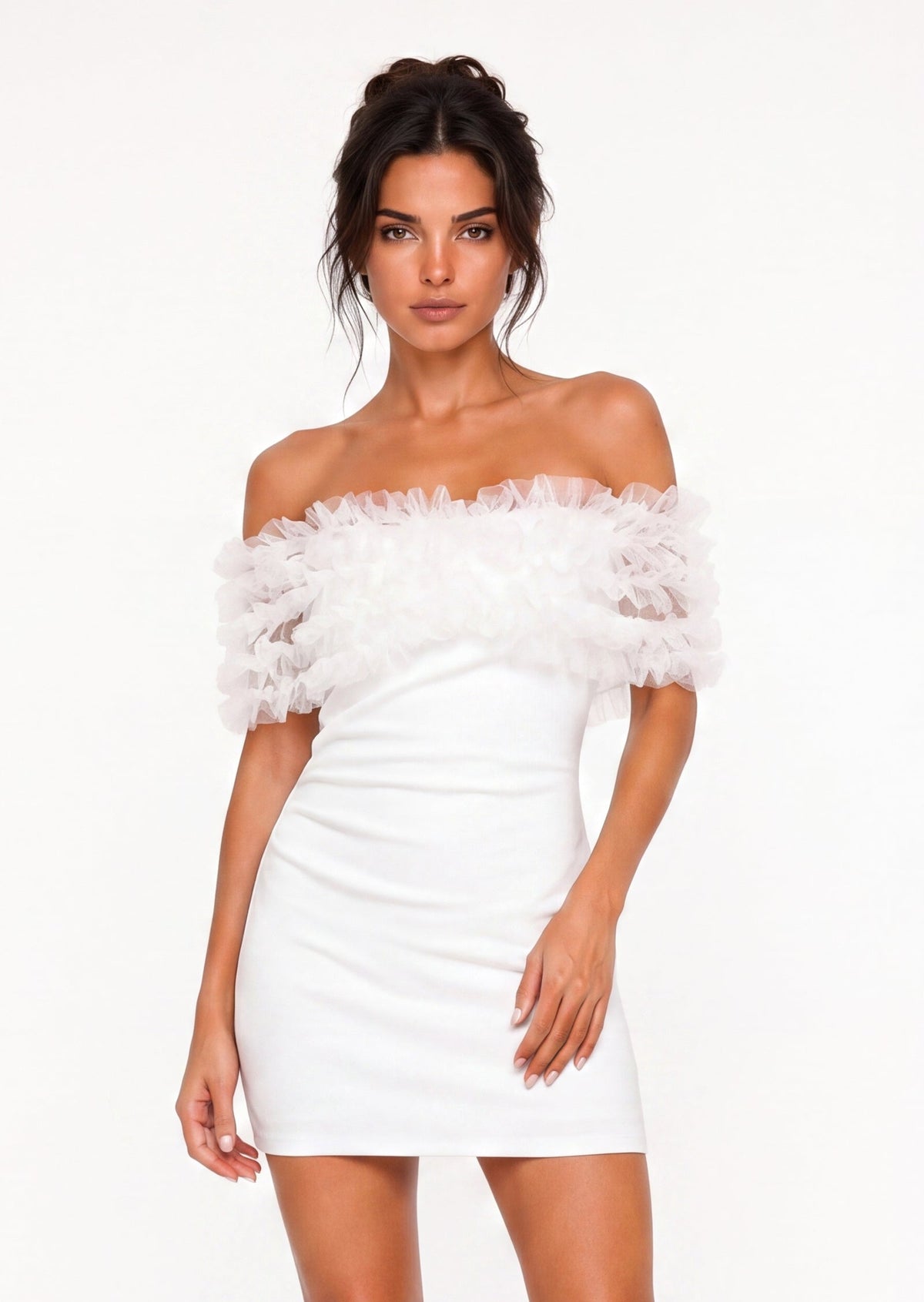 Off Shoulder Floral Tulle Mini Dress In White