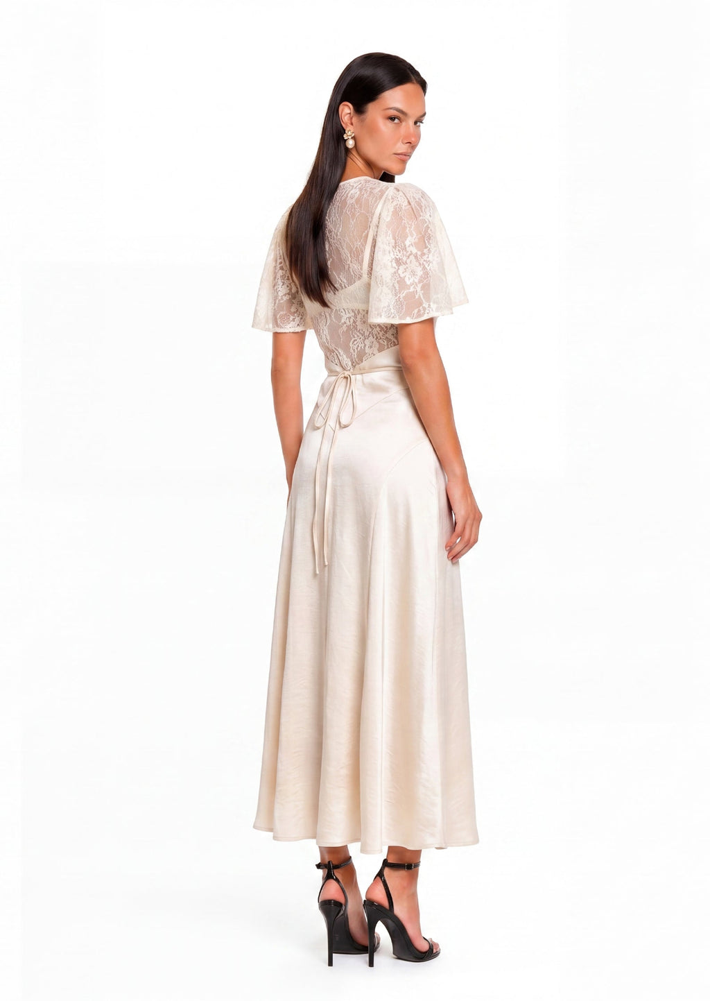 Earl Satin Midi Dress With Lace Sleeve