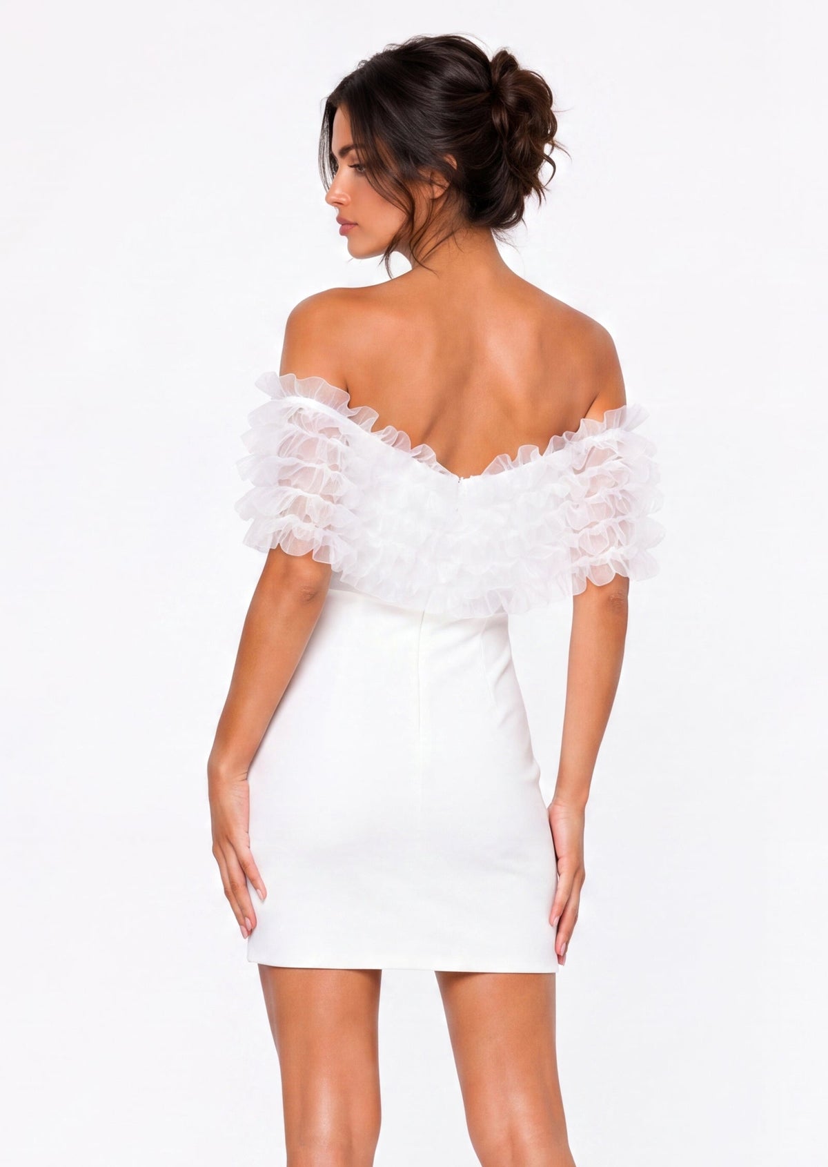 Off Shoulder Floral Tulle Mini Dress In White