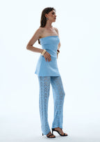 Bandage Knit Top & Crochet Knit Pants In Blue