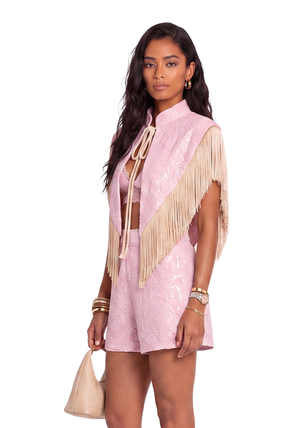Tacy Tassel Trimmed Shawl & Shorts Set In Pink
