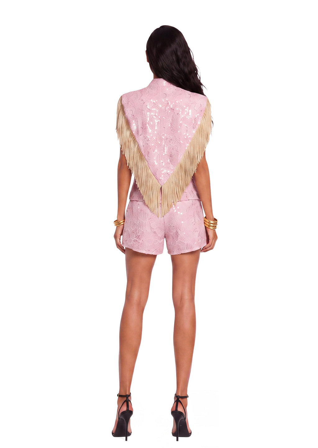 Tacy Tassel Trimmed Shawl & Shorts Set In Pink