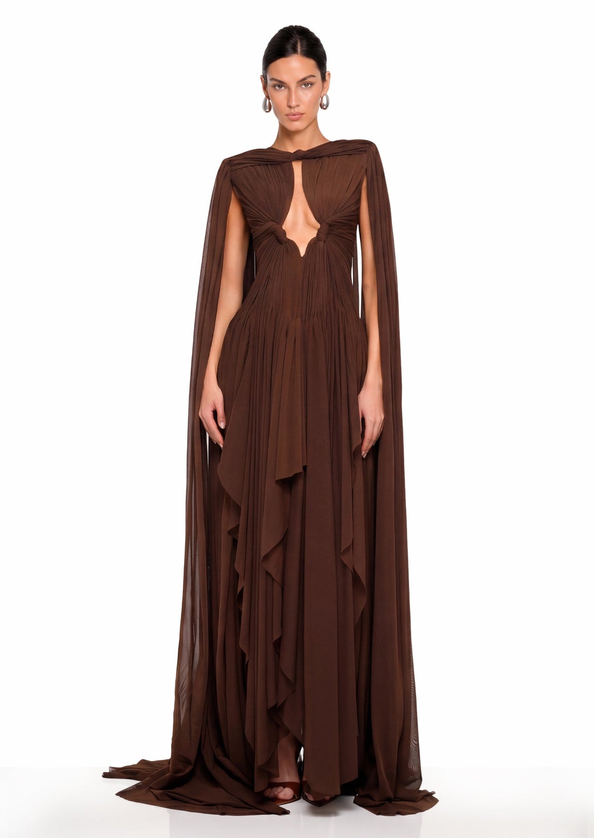 Dacian Cut Out Cape Maxi Dress In Brown