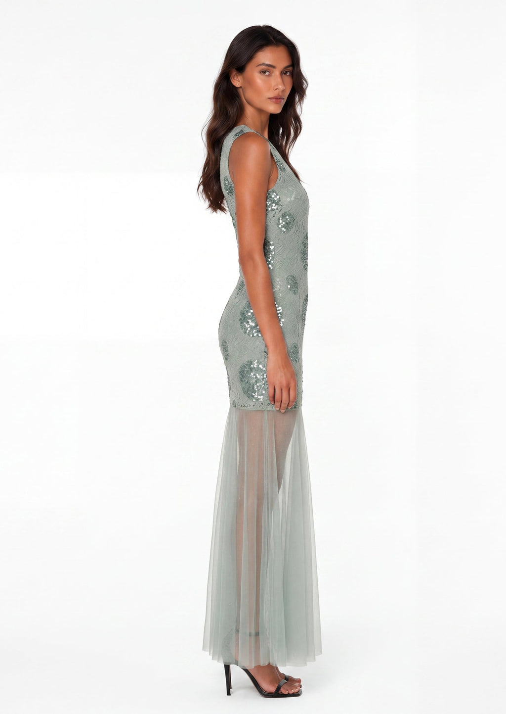 Sura Sequined Mesh Maxi Dress In Sage