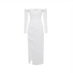 Solid Open Shoulders And Slit Midi Dress