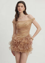 Off Shoulder Ruffled Mesh Mini Dress