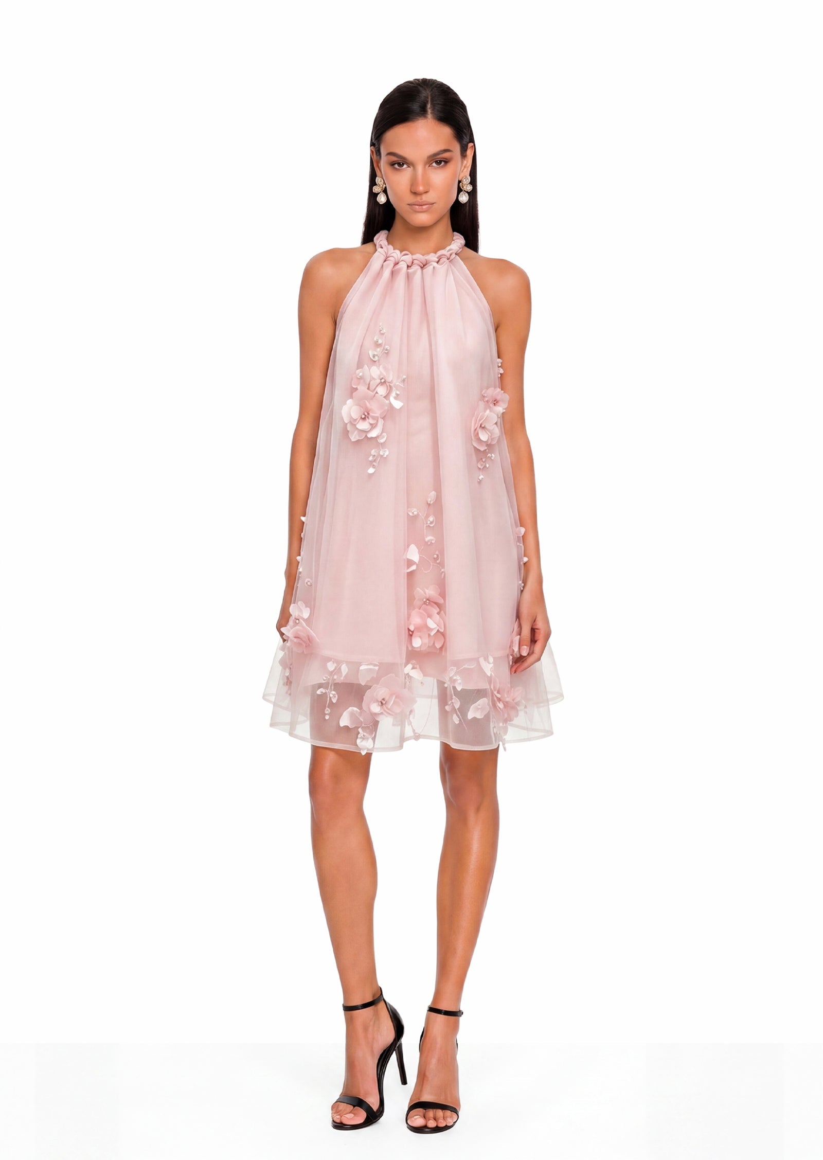 Kaelyn Halter Mini Dress With 3D Flower In Pink