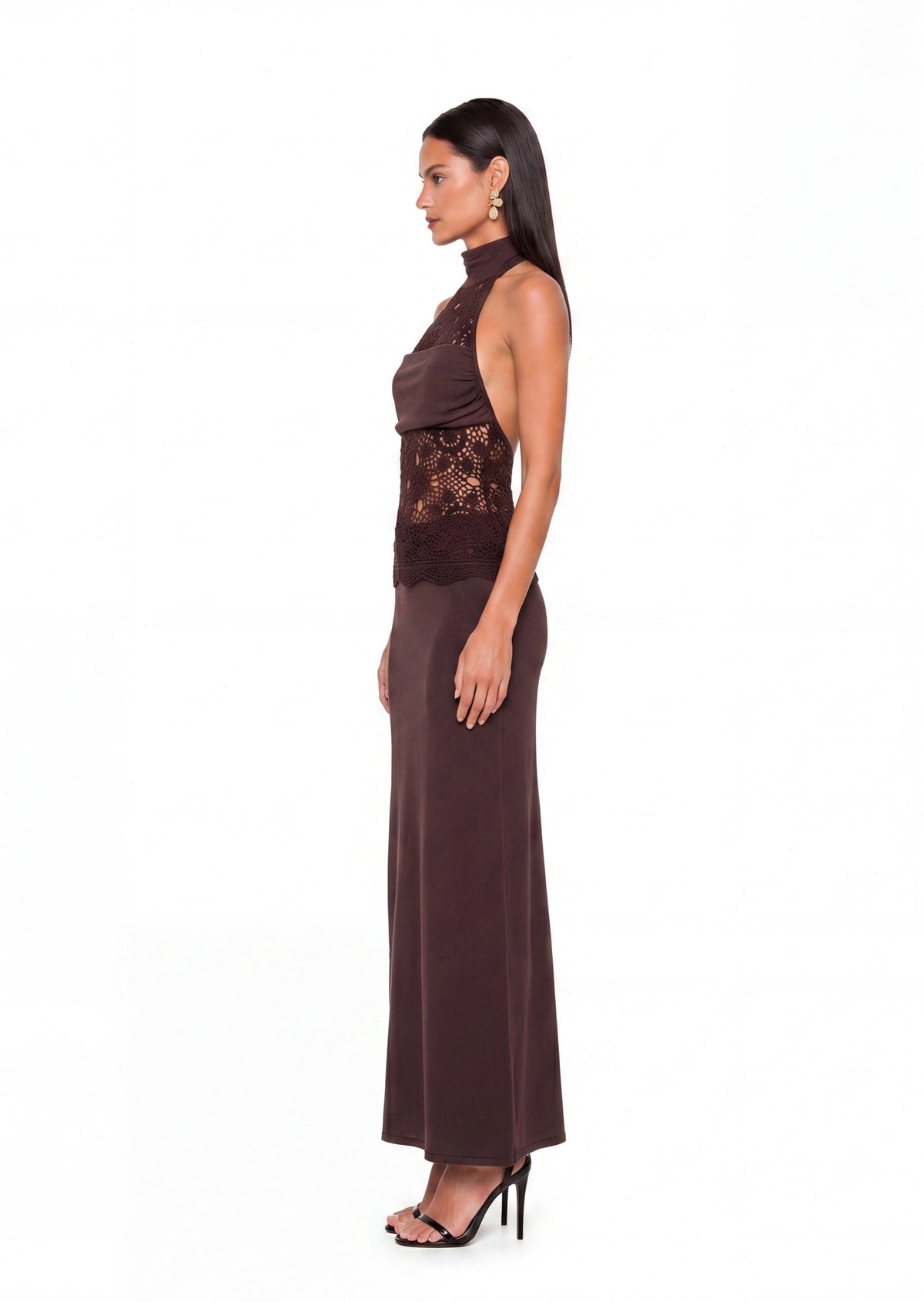 Zadok Knit & Crochet Maxi Dress In Dark Chocolate