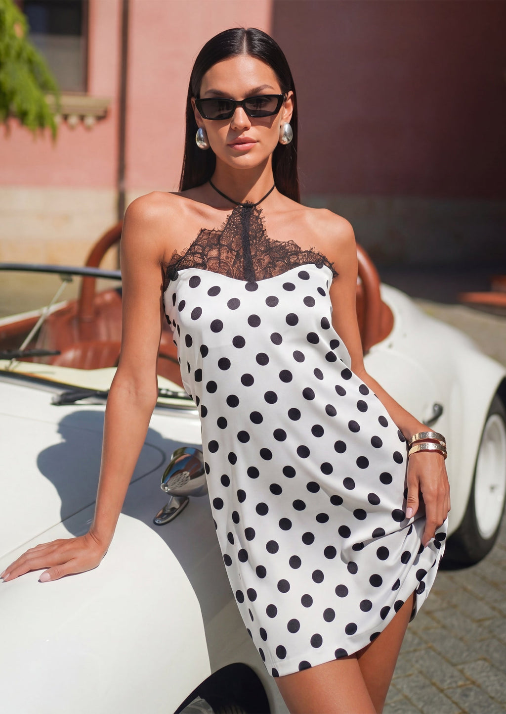 Qasim Polka Dot Halter Slip Mini Dress