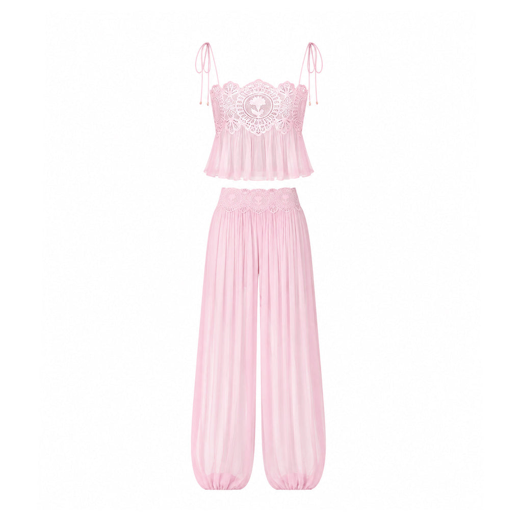 Luenie Chiffon Top & Pant Two Piece Set In Pink