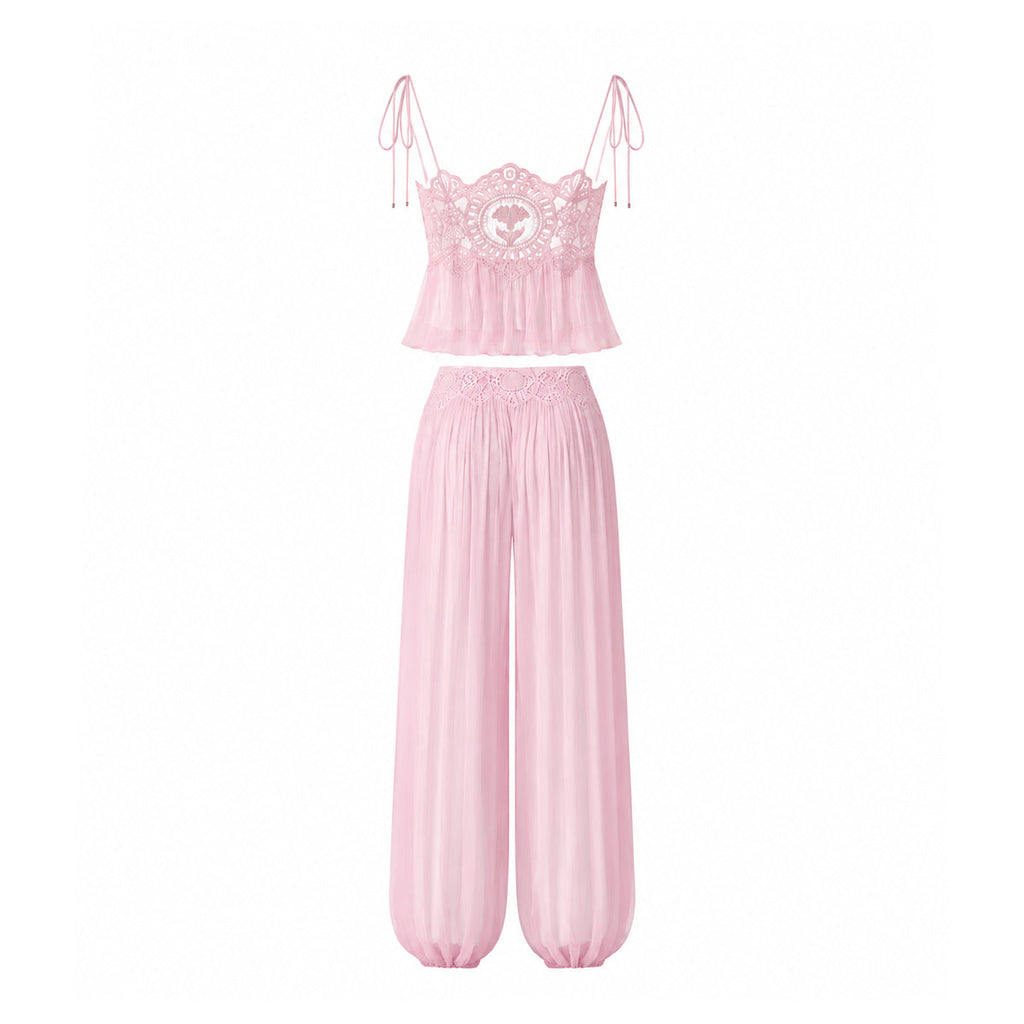 Luenie Chiffon Top & Pant Two Piece Set In Pink