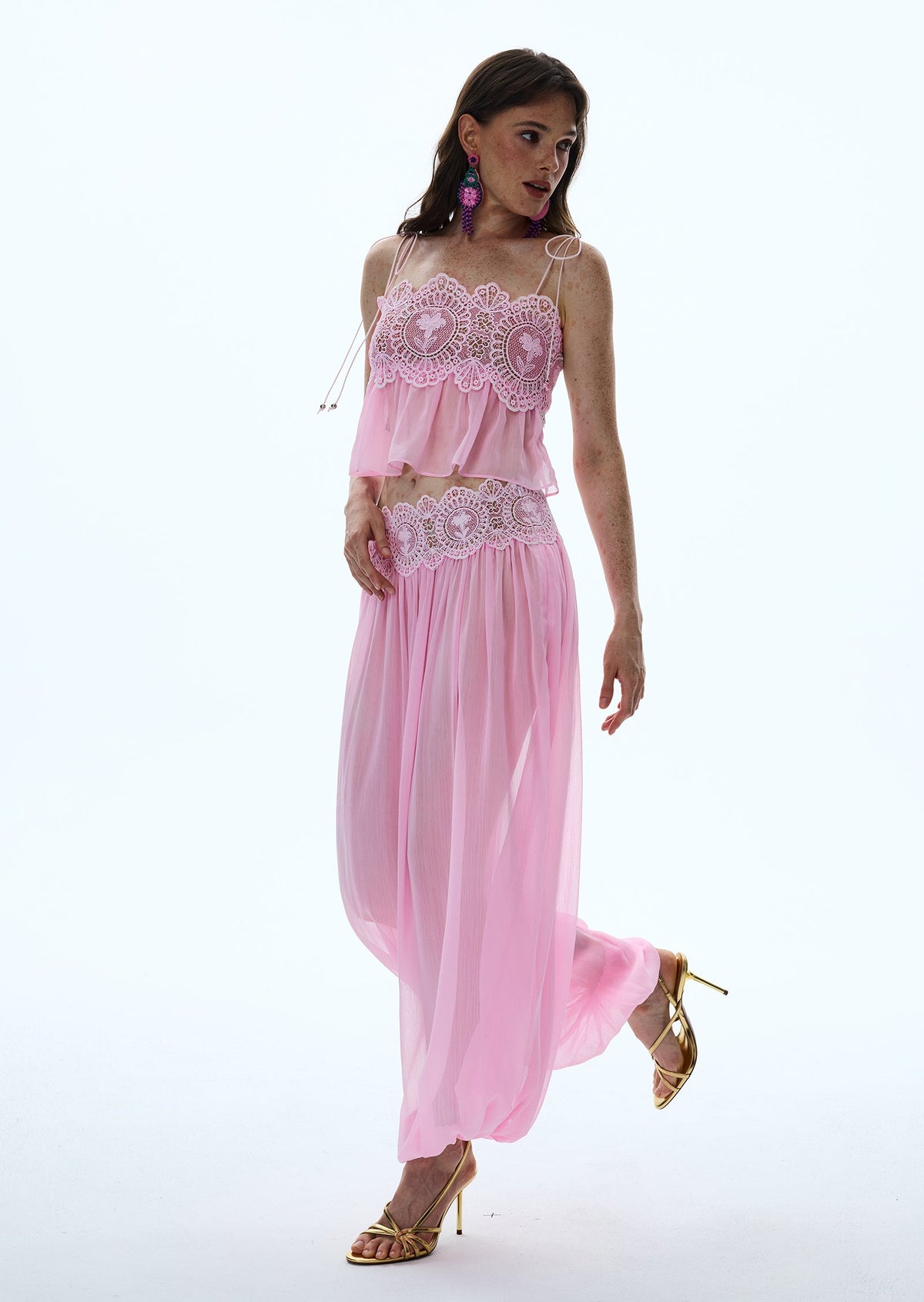 Luenie Chiffon Top & Pant Two Piece Set In Pink