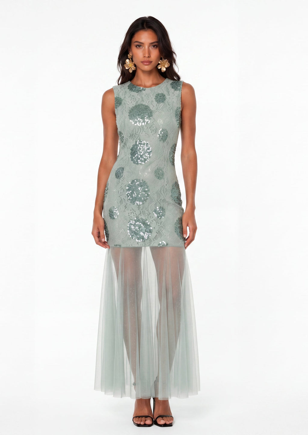 Sura Sequined Mesh Maxi Dress In Sage