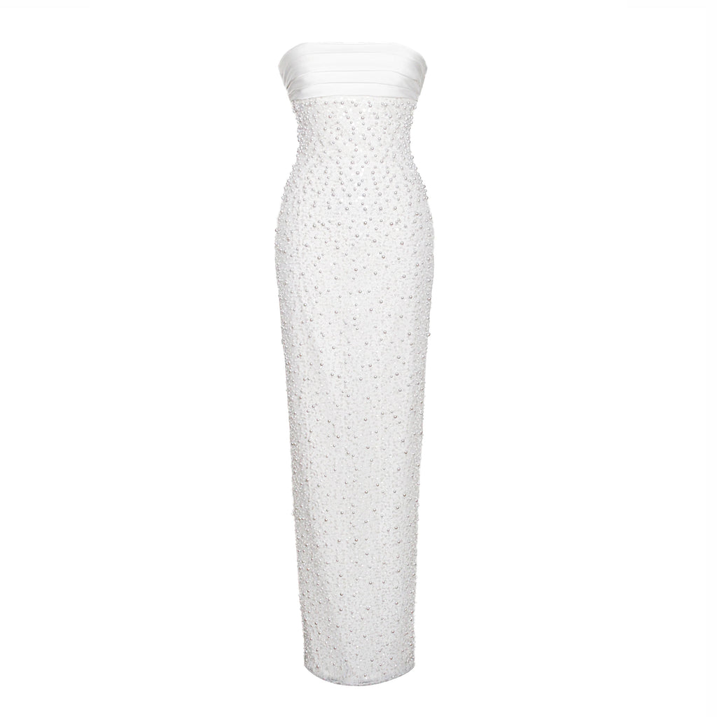 Gadiel Satin Sequin Pearls Beaded Maxi Dress