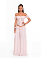 Kacy Corset &  Sheer Maxi Skirt Set In Pink
