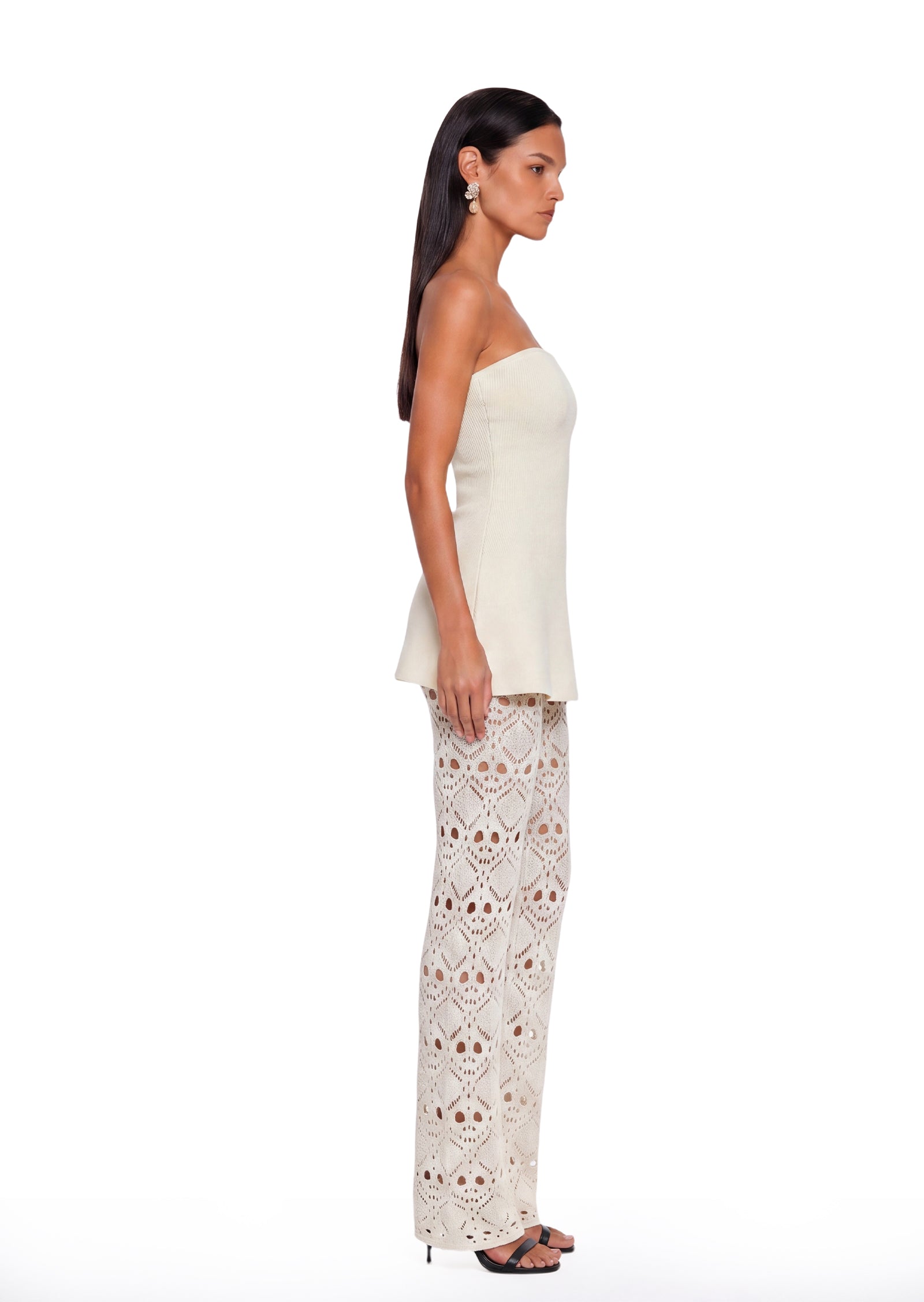 Bandage Knit Top & Crochet Knit Pants In Ivory