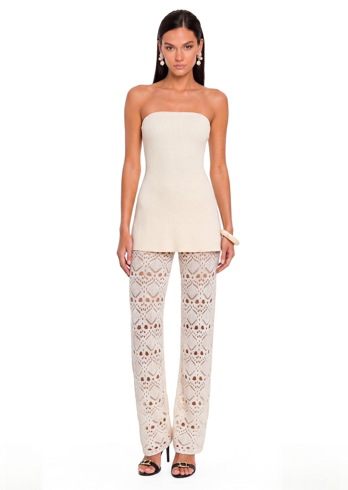 Bandage Knit Top & Crochet Knit Pants In Ivory
