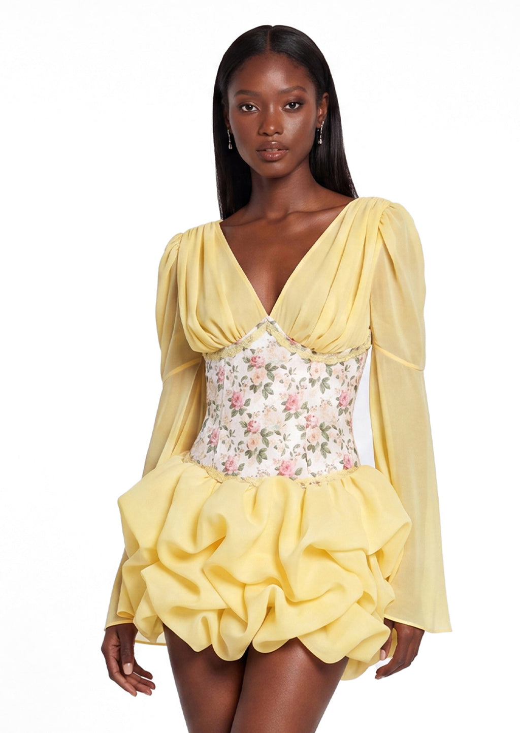 Octavius Floral Corset Bubble Mini Dress In Yellow